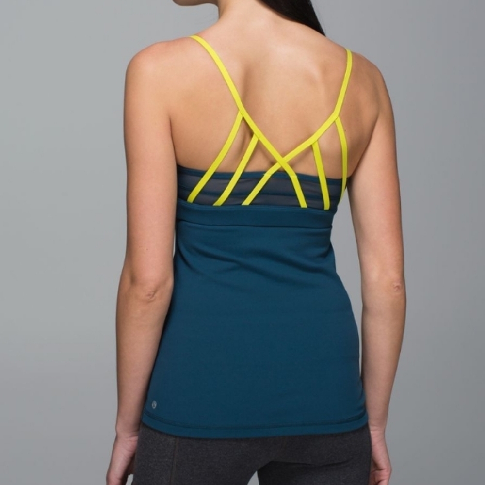 Lululemon "Just breath" unpadded neon strappy back mesh detail tank 2015